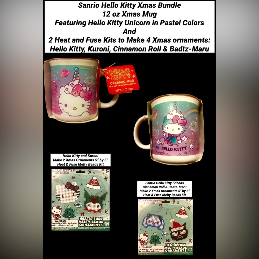 Sanrio Hello Kitty lot 12oz Hello Xmas Mug Heat & Fuse Kits Make 4 Xmas ornament